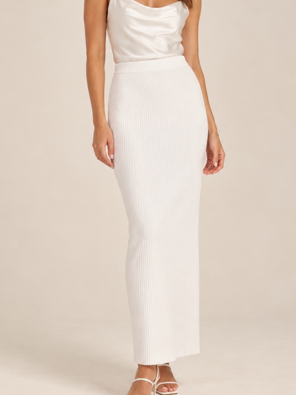 SABO White Ribbed Knit Maxi Skirt Bridal Bride Stretch Column Resort